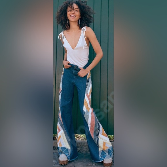 free people movement Denim - We the Free People Blue Flare Jeans with Multicolor Patchwork Stick by You